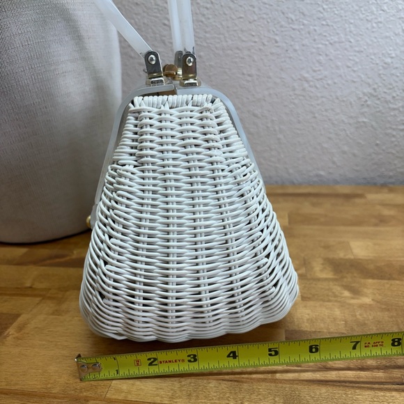 Vtg 50s 60s White Wicker Box Purse Marbled Lucite Lid NSB Japan + Spare Handle - Picture 10 of 10